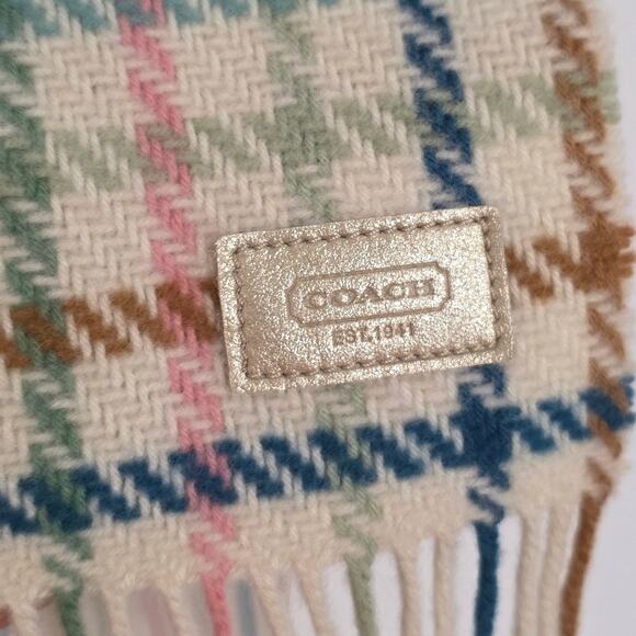 Coach Poppy Plaid Tattersall Fringe Muffler Wool Cashmere Oblong Knit Scarf Wrap - Picture 6 of 7